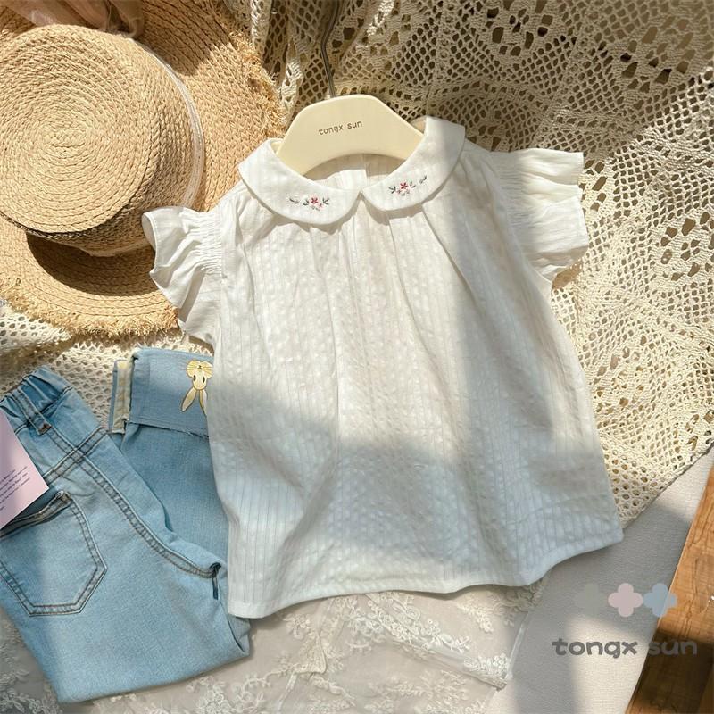 เสื้อเชิ้ต คอปก ผ้าฝ้าย แบบบาง แต่งรูกลวง สีขาว แฟชั่นฤดูร้อน สําหรับเด็กผู้หญิง