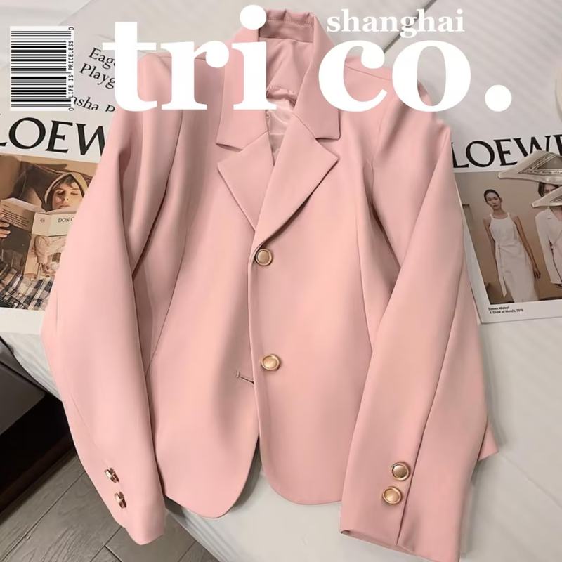 แจ็คเก็ตสูทสีชมพูผู้หญิงฤดูใบไม้ผลิและฤดูใบไม้ร่วงใหม่เกาหลีครอปสูทอารมณ์ด้านบน ความรู้สึกขั้นสูง