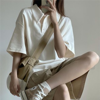 เสื้อโปโล พิมพ์ลาย สีพื้น ทรงหลวม สไตล์หวานแหวว สําหรับผู้หญิง