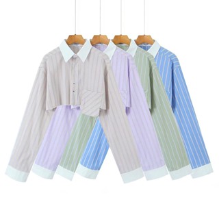 เสื้อเชิ้ตแขนยาว ลายทาง สีตัดกัน 9098