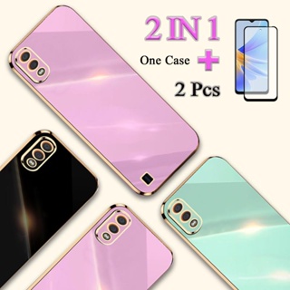 2 IN 1 เคสชุบทอง ขอบทอง พร้อมกระจกนิรภัยกันรอยหน้าจอ เซรามิค ทรงโค้ง สําหรับ Samsung Galaxy A01