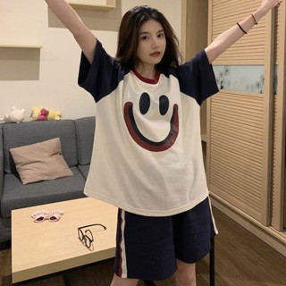 ชุดนอน เสื้อแจ็กเก็ต แขนสั้น ผ้าฝ้าย ลายหน้ายิ้ม วาฟเฟิล และกางเกงขาสั้น สไตล์ญี่ปุ่น แฟชั่นฤดูร้อน สําหรับผู้หญิง