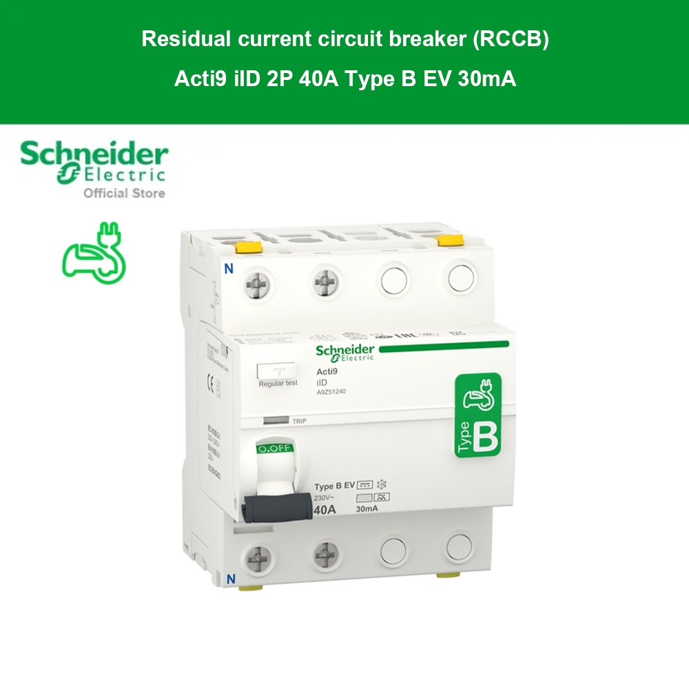 Schneider Electric A9Z51240 EV Charger 2โพล 40 แอมป์ Residual Current Circuit Breaker,Acti9 ilD 2P 4
