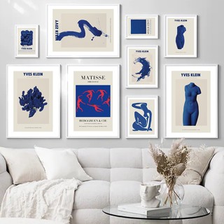 ภาพวาดผ้าใบ รูปปั้น Abstract Matisse Yves Klein สไตล์นอร์ดิก สําหรับตกแต่งผนัง ห้องนั่งเล่น