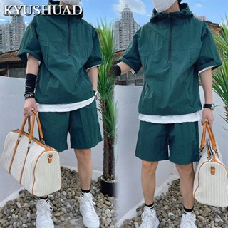 KYUSHUAD เสื้อแจ็กเก็ตลำลองหลวม, ชุดสูทสไตล์ญี่ปุ่นของผู้ชาย, เสื้อกันหนาวมีฮู้ดแบบบาง, กางเกงขาสั้นแขนสั้น,