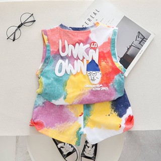 Childrens Summer Sleeveless Suit Super Cute Outer Wear Vest Shorts Tie-Dyed Suit Trendy Fashion Printed Two-Piece Suit Trendy 0CLD