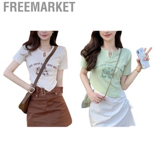 Freemarket Short Sleeve Shirt Blouse  V Neck  Sleeved Stretchy Fitted Printed Asymmetrical Hem for Outdoor Lady