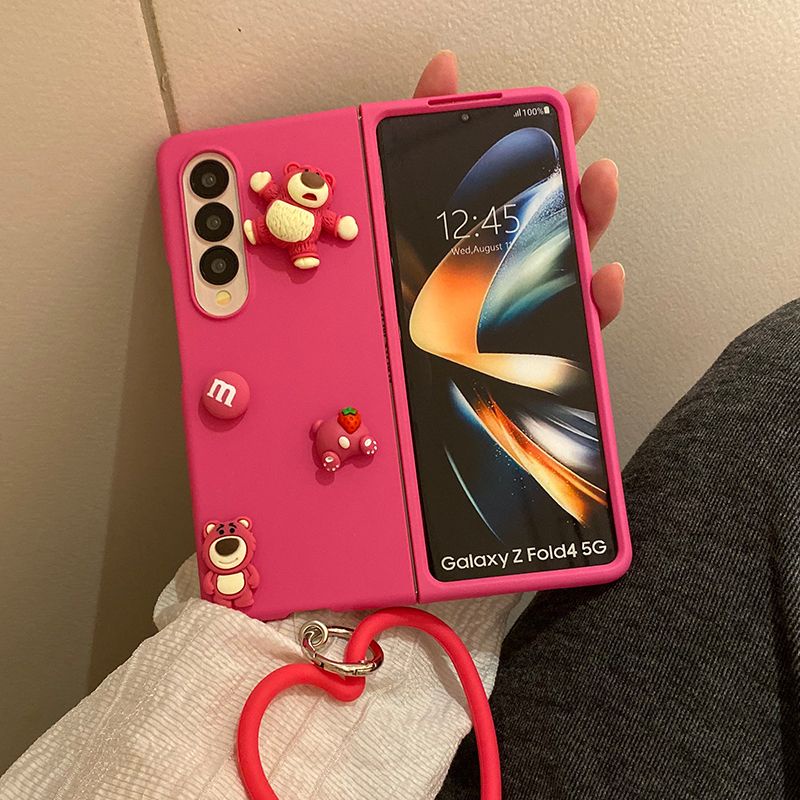 เคสโทรศัพท์มือถือ ลายการ์ตูนหมีสตรอเบอร์รี่ 3D สไตล์เกาหลี ญี่ปุ่น สําหรับ Samsung Galaxy Z Fold 3 Z Fold 4 5G Z Fold 5 Fold 5