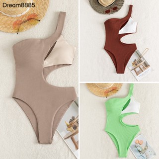 Drea- ผู้หญิง Monokini ไหล่ข้างเดียว สีตัดกัน กลวงออก แขนกุด บอดี้คอน ว่ายน้ํา เย็บปะติดปะต่อกัน ยืดหยุ่น