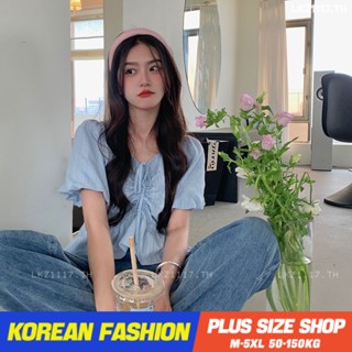 Plus size เสื้อผ้าสาวอวบ❤ เสื้อสาวอวบอ้วน ไซส์ใหญ่ ผู้หญิง เสื้อสาวอวบ ทรงหลวม แขนสั้น คอวี เชือกรูด ฤดูร้อน สไตล์เกาหลีแฟชั่น