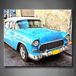 ภาพวาดผ้าใบ รูปรถยนต์ Blue Old Blue Cuban Car in The Street สําหรับตกแต่งบ้าน