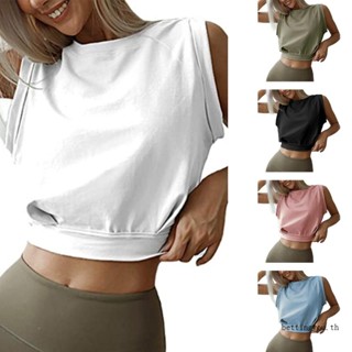 Bettingyou | | เสื้อครอปแขนกุด คอกลม ทรงหลวม สีพื้น สําหรับผู้หญิง ใส่ออกกําลังกาย เล่นโยคะ กีฬา สีน้ําเงิน
