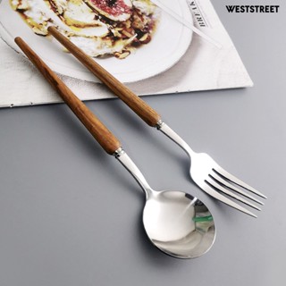 Weststreet ชุดช้อนส้อม สเตนเลส ด้ามจับไม้ ยาว สําหรับบ้าน ร้านอาหาร 1 กล่อง