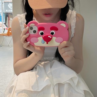เคสโทรศัพท์มือถือ ซิลิโคนนิ่ม ลายหมีสตรอเบอร์รี่น่ารัก สีชมพู พร้อมขาตั้ง สําหรับ iPhone 14 13 12 Pro Max IP14 Plus XS Max XR X 6 7 8 Plus SE2