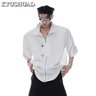 KYUSHUAD Niche ซิปโลหะดีไซน์เสื้อเชิ้ตแขนสั้นหลวมคาร์ดิแกนระดับไฮเอนด์เสื้อเชิ้ตสีดำผู้ชายฤดูร้อน