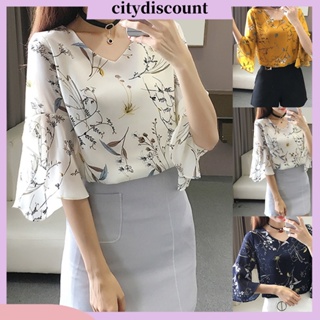 &lt;citydiscount&gt; เสื้อชีฟอง คอวี แขนห้าส่วน พิมพ์ลายดอกไม้ แฟชั่น สําหรับผู้หญิง