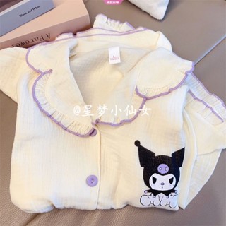 Kawaii Sanrio Cinnamoroll Kuromi Pochacco ชุดนอน เสื้อคาร์ดิแกน แขนสั้น กางเกงขาสั้น ลายการ์ตูนน่ารัก เหมาะกับฤดูร้อน สําหรับเด็กผู้หญิง