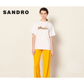 Sandro Outlet เสื้อยืดลําลอง ผ้าฝ้าย แขนสั้น พิมพ์ลาย สีขาว ทรงหลวม สําหรับสตรี SFPTS01042