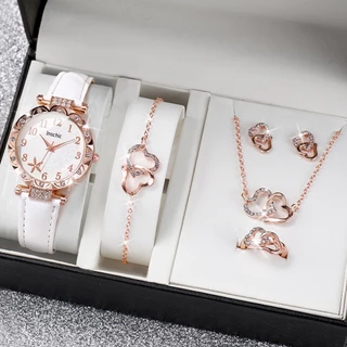 Elegant Lady Jewelry & Leather Watch พร้อมนาฬิกาข้อมือควอตซ์สําหรับผู้หญิงเหมาะสําหรับของขวัญ