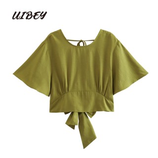 Uibey เสื้อคอกลม เปิดหลัง สไตล์ฝรั่งเศส แฟชั่น 8985