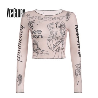 Vesglory เสื้อครอปท็อป คอกลม แขนกุด พิมพ์ลาย สีตัดกัน สไตล์สตรีท แฟชั่นสําหรับผู้หญิง 2023