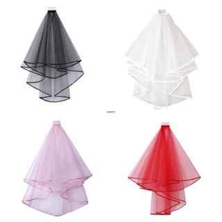 ✿ ผ้าตาข่ายสองชั้น Tulle สีพื้น ผู้หญิง สั้น ผ้าคลุมหน้าแต่งงาน พร้อมหวีริบบิ้น ขอบกลาง น้ําตก เจ้าสาว หูฟัง