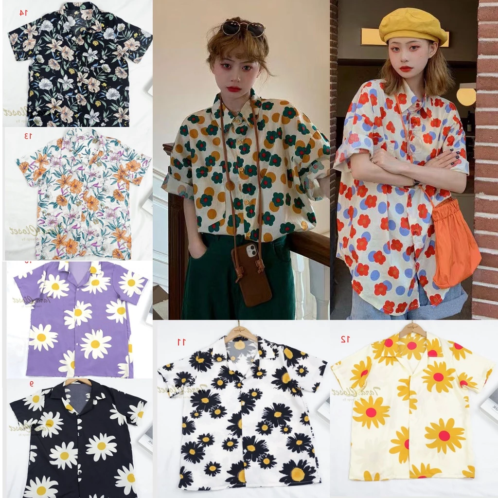 เสื้อเชิ้ตคอปกลายดอกไม้ แขนสั้น สไตล์ฮ่องกง