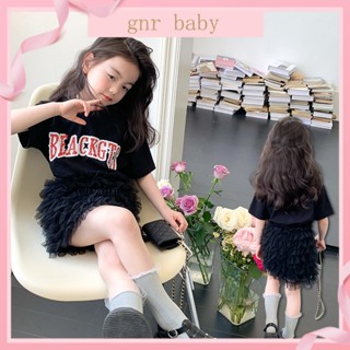 🍓GNR BABY🍊ชุดเสื้อยืดแขนสั้น และกระโปรง ทรงหลวม พิมพ์ลายตัวอักษร สีแดง สีดํา สําหรับเด็กผู้หญิง อายุ 3-12 ปี