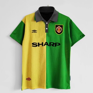 เสื้อกีฬาแขนสั้น ลายทีมชาติฟุตบอล Manchester United 1992-94 ชุดเยือน สีเหลือง เขียว สไตล์เรโทร