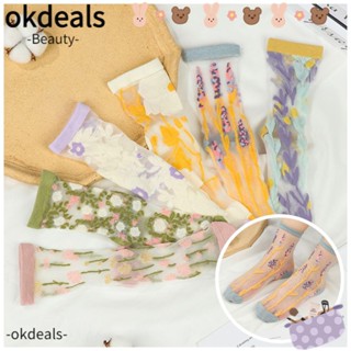 OKDEALS ถุงเท้าลําลอง ผ้าฝ้าย แบบบาง ลายดอกไม้ คุณภาพสูง แฟชั่นฤดูใบไม้ผลิ และฤดูร้อน สําหรับสตรี