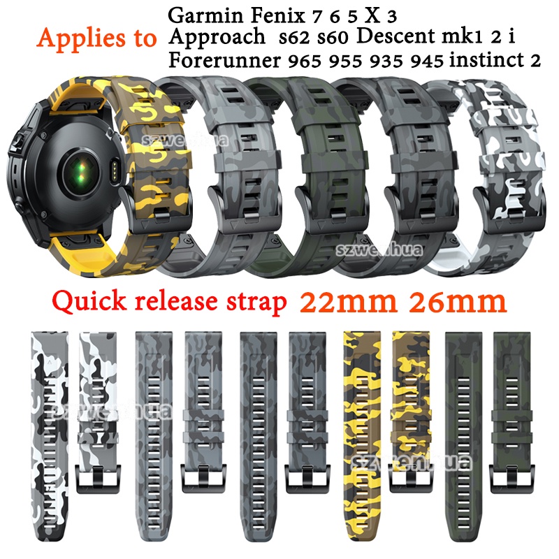 สายซิลิโคนCamouflage quick Releaseสร้อยข้อมือสําหรับGarmin Fenix 7 6 5 X Forerunner 965 935 945 745 Approach s60 s62 s70 47 มม.Instinct 2 Descent mk 1 2 i