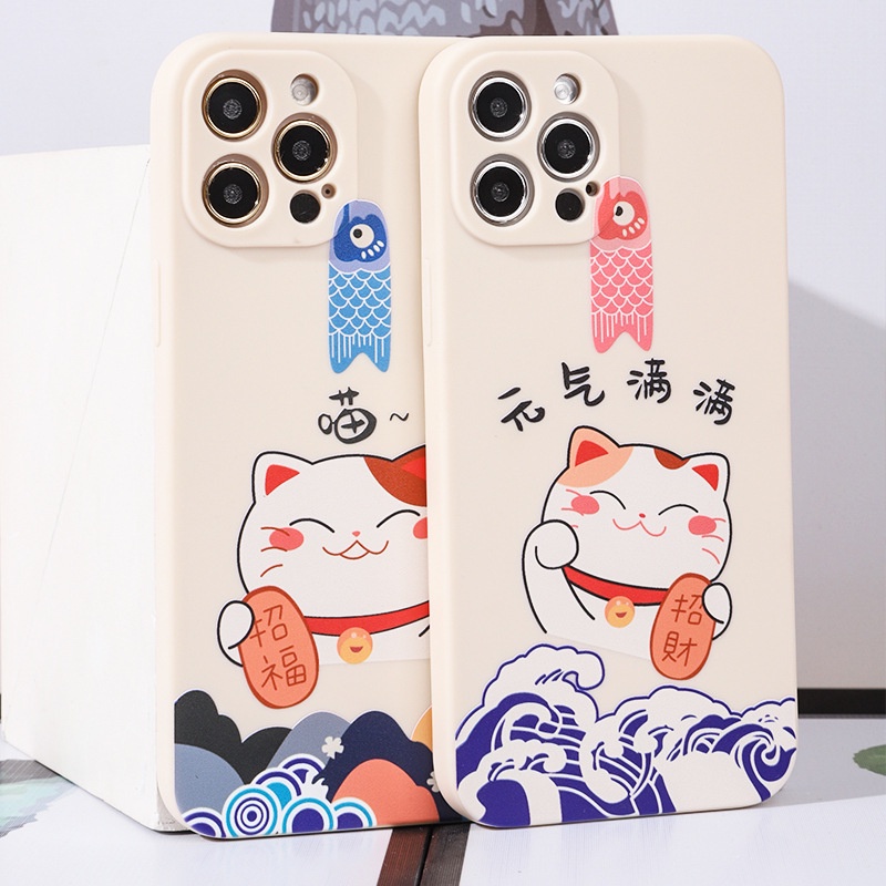 ปลอกสําหรับ POCO C75 C65 F6 X6 M6 Xiaomi 14T 13T 12T 11T 10T Mi 14 13 12 11 Lite POCO X5 F5 X4 F3 M5 M4 M3 Pro X3 NFC X3 GT เคสโทรศัพท์มือถือ ลายการ์ตูนแมวนําโชค สีขาว สําหรับ