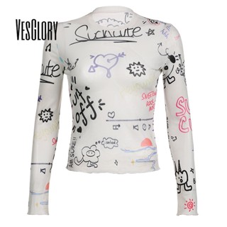 Vesglory เสื้อครอปท็อป แขนยาว คอกลม พิมพ์ลาย สีตัดกัน เซ็กซี่ สําหรับผู้หญิง 2023