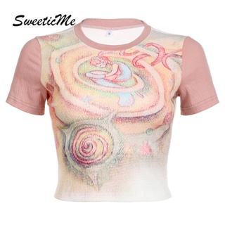 Sweeticme ใหม่ เสื้อยืดคอกลม แขนสั้น พิมพ์ลายการ์ตูน Dopamine สีตัดกัน แฟชั่นสําหรับผู้หญิง 2023