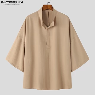 Incerun เสื้อเชิ้ตแขนสั้น คอปก ทรงหลวม สีพื้น สไตล์เกาหลี สําหรับผู้ชาย