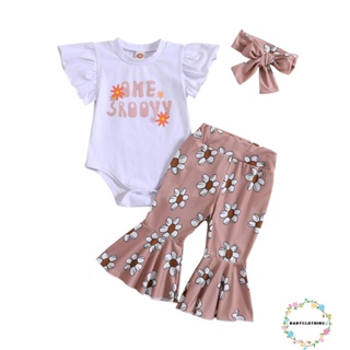 Babyclothes- ชุดรอมเปอร์ พิมพ์ลายตัวอักษร ดอกไม้ และกางเกง และที่คาดผม สําหรับเด็ก