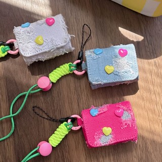 เคสหูฟัง ผ้ายีน แต่งรูกลวง ลายหัวใจ พร้อมสายคล้อง สไตล์เกาหลี สําหรับ AirPods Pro 3 2 1 Pro2