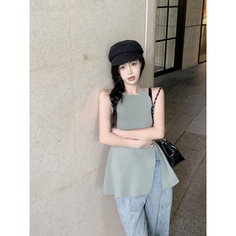 Elves✨พร้อมส่ง✨  เสื้อสายเดี่ยวไหมพรม สไตล์เกาหลีแหวกข้าง ~31038~ -C - รูปที่ 7