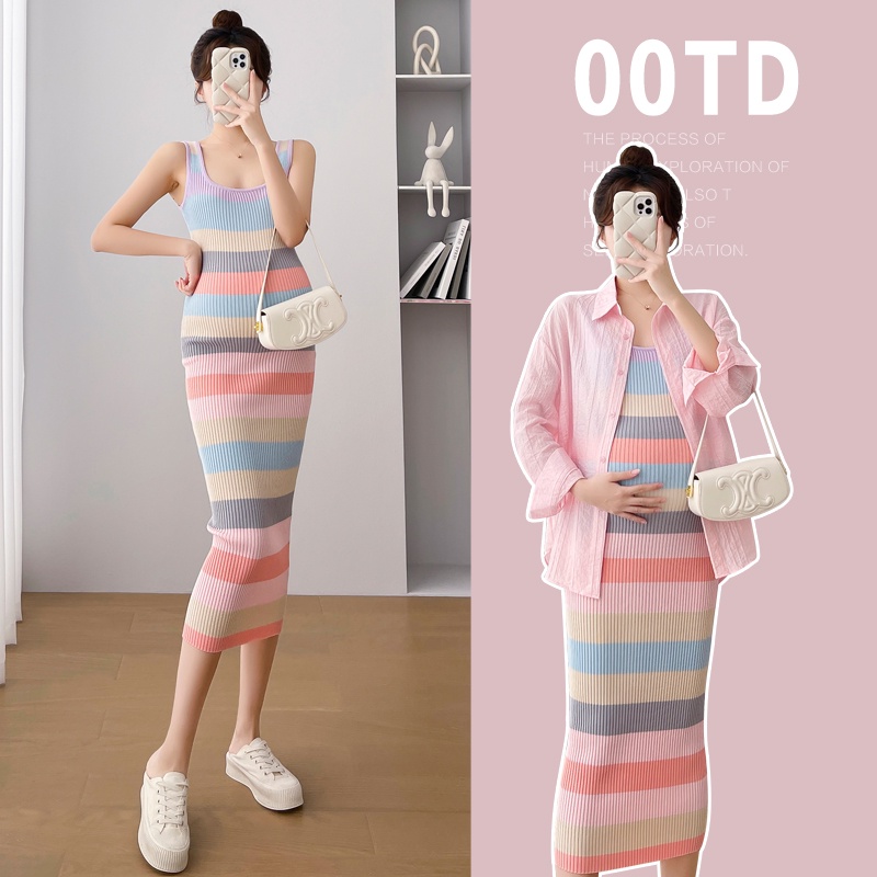 ชุดคลุมท้อง กระโปรงถัก ลายทาง ขนาดใหญ่ เหมาะกับฤดูร้อน สําหรับหญิงตั้งครรภ์ จํานวนสองชิ้น