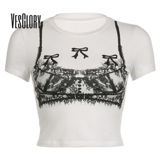 Vesglory เสื้อครอปท็อป คอกลม แขนสั้น พิมพ์ลาย สีตัดกัน เซ็กซี่ สําหรับผู้หญิง 2023