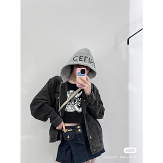 XK6A C- ELINE 2023 fashion classic wash black Gray fake two-piece design loose casual hooded denim coat