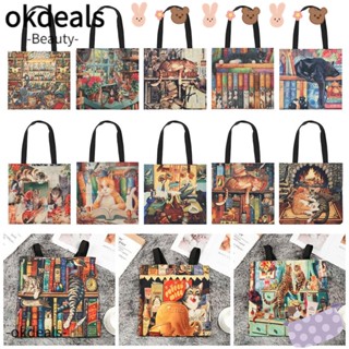 Okdeals กระเป๋าช้อปปิ้ง พิมพ์ลายแมว ภาพวาดสีน้ํามัน ขนาดใหญ่ ลําลอง