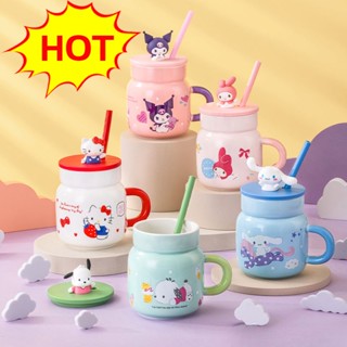 Graby2023 [ลดราคาจํากัด] แก้วมักเซรามิค ลายการ์ตูน Hello Kitty พร้อมหลอดดูด และฝาปิด ของแท้ สําหรับเด็ก [ค่า CP]