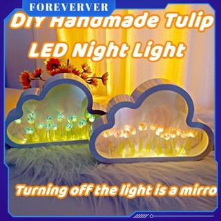 โคมไฟกระจกดอกทิวลิป 3 สี ของขวัญที่ดีที่สุด ไฟกลางคืนบนก้อนเมฆ ไฟดอกทิวลิป DIY ไฟดอกไม้สร้างสรรค์ ไฟกลางคืนดอกทิวลิปก้อนเมฆ DIY โคมไฟกระจก LED ด้านหน้า