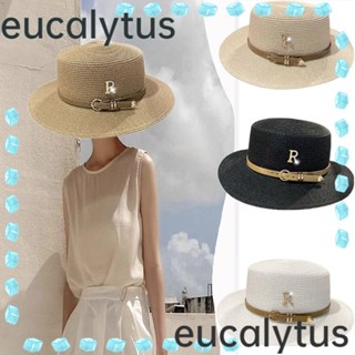 Eucalytus1 หมวกฟางโลหะ กันแดด แต่งหัวเข็มขัด ลายตัวอักษร สไตล์วินเทจ แฟชั่นสําหรับผู้หญิง