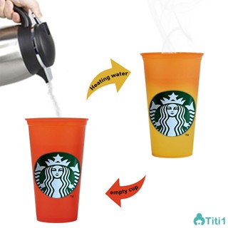 Starbucks Party Coffee Cup Repeated Pp Material Cold Cup Hotwater Discolor Plastic Cup Covered Straw Cold Cup 473ml/16floz TH1