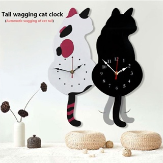 Lianli Acrylic Cartoon Cat Hanging Clock Mute Wagging Tail Swing Decor DIY Wall Clocks