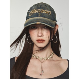 1JINN STUDIO Retro Washed Denim Embroidered Rhinestone Letter Baseball Cap หมวกเบสบอล สินค้าแท้ หมวกแก็ป