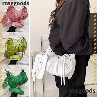 Rosegoods1 กระเป๋าสะพายไหล่ หนัง PU ประดับหมุด หรูหรา สไตล์พังก์