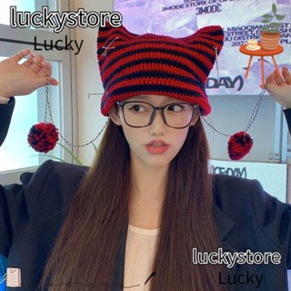 Lucky หมวกบีนนี่ลําลอง ลายทางหูแมวน่ารัก สไตล์ญี่ปุ่น สําหรับผู้หญิง